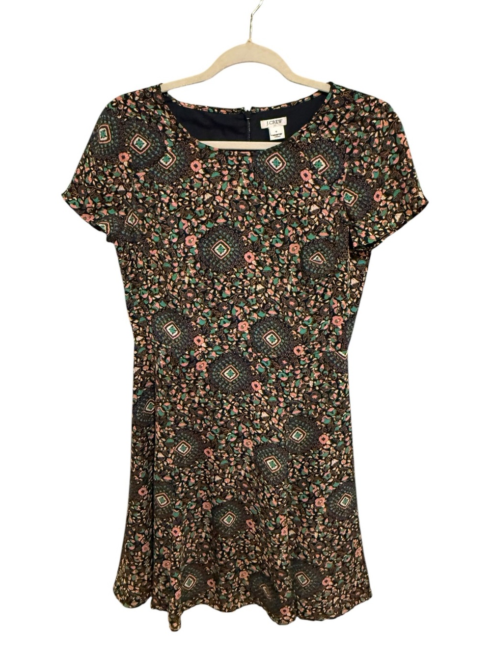 NWOT J. Crew Black Mini Dress with Pink & Green Floral Medallions